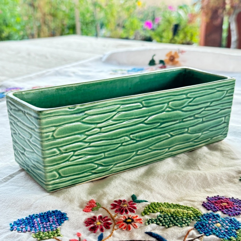 Vintage McCoy USA Green Pottery Planter 9" Rock Wall Rectangle MCM